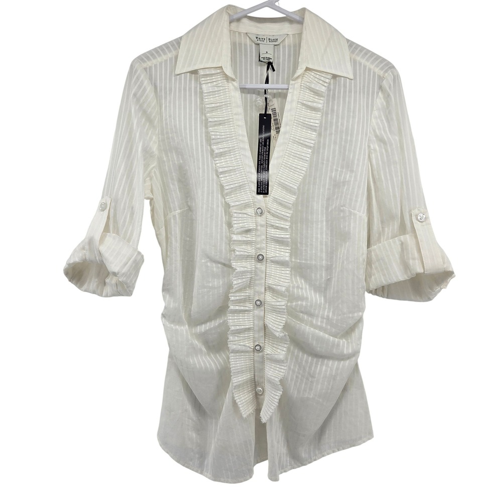 White House Black Market Ruffle Blouse Womens‎ 8 White Striped Feminine Romantic